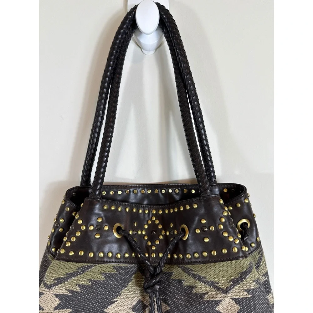Gunas‎ Aztec Studded Vegan Leather Bucket Bag Purse Drawstring Boho Festival